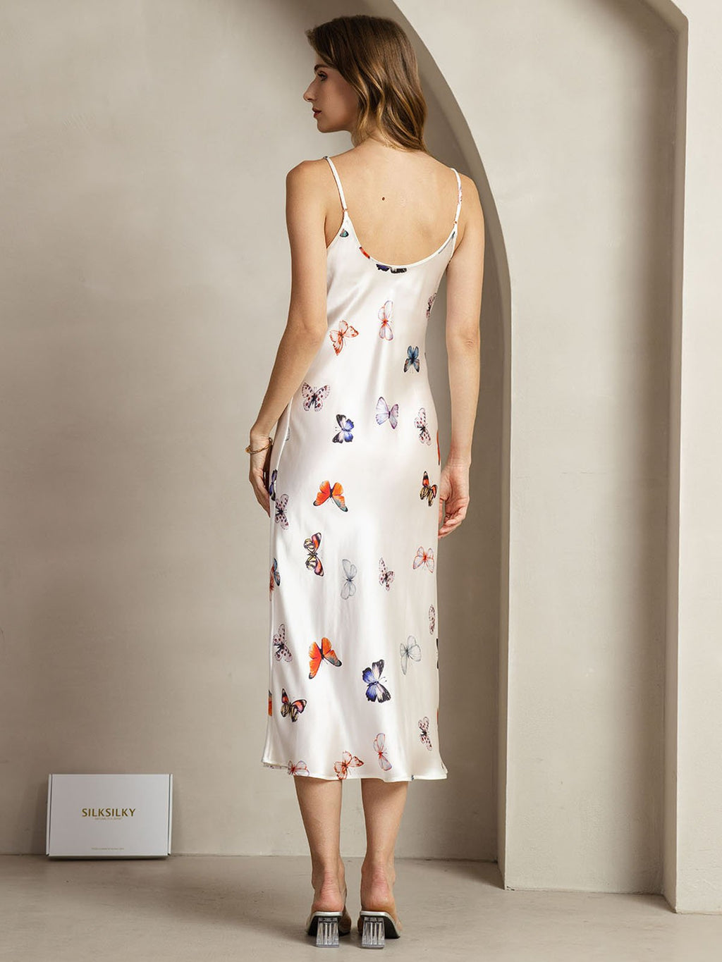 19Momme Silk V Neck Adjustable Strap Midi Dress