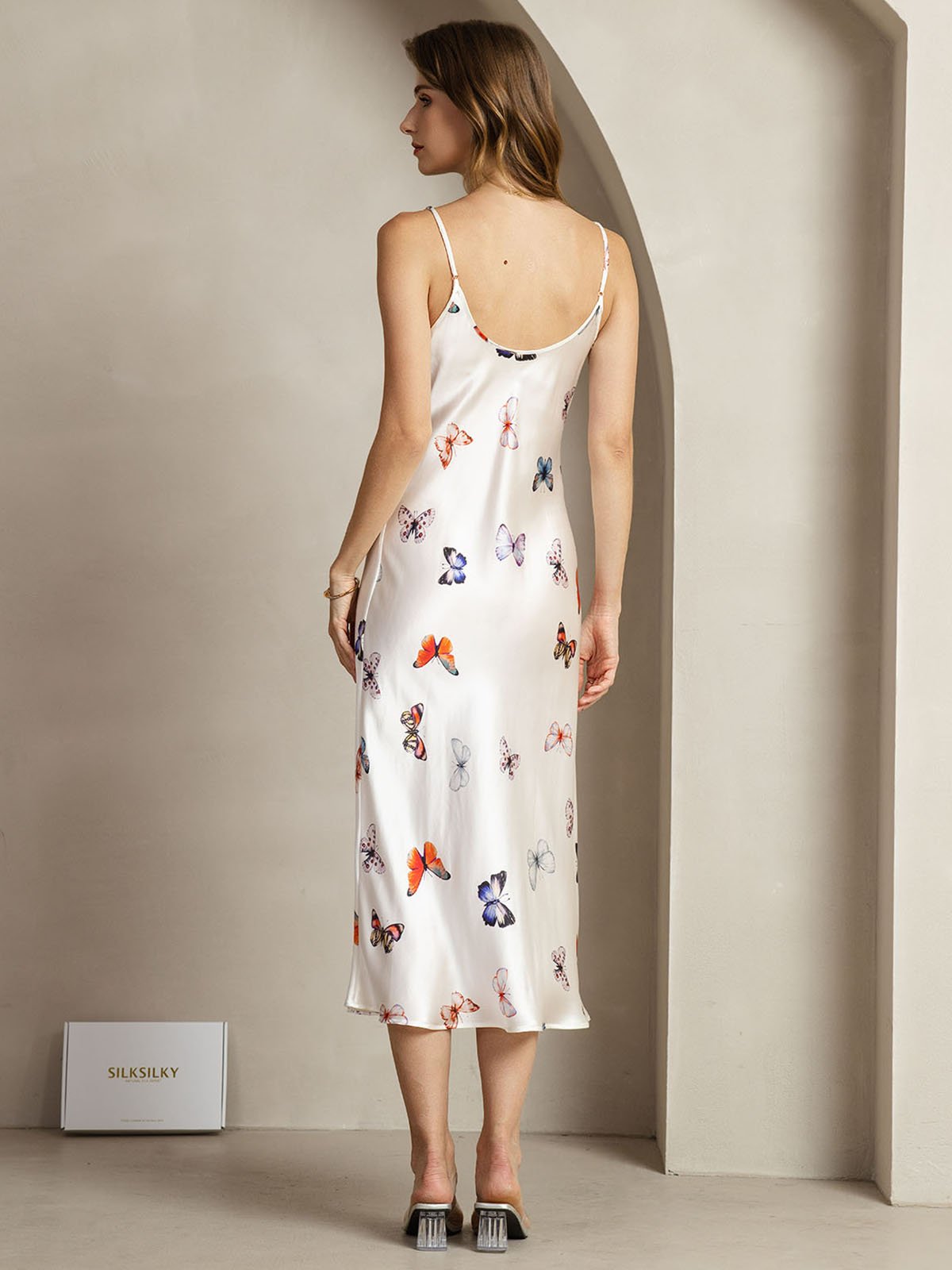 19Momme Silk V Neck Adjustable Strap Midi Dress