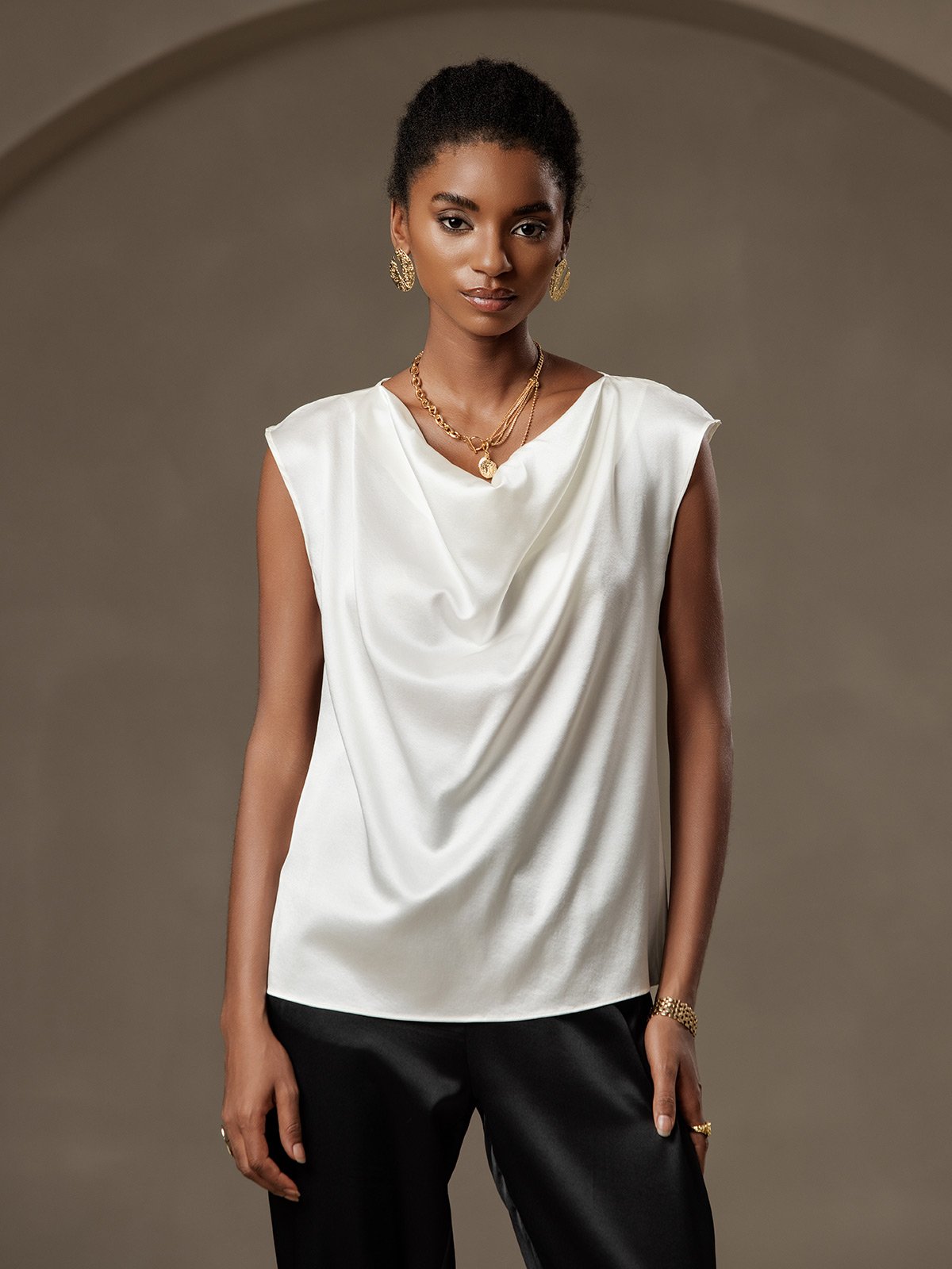 19Momme Silk Cap Sleeve Cowl Neck Tank Top/Blouse