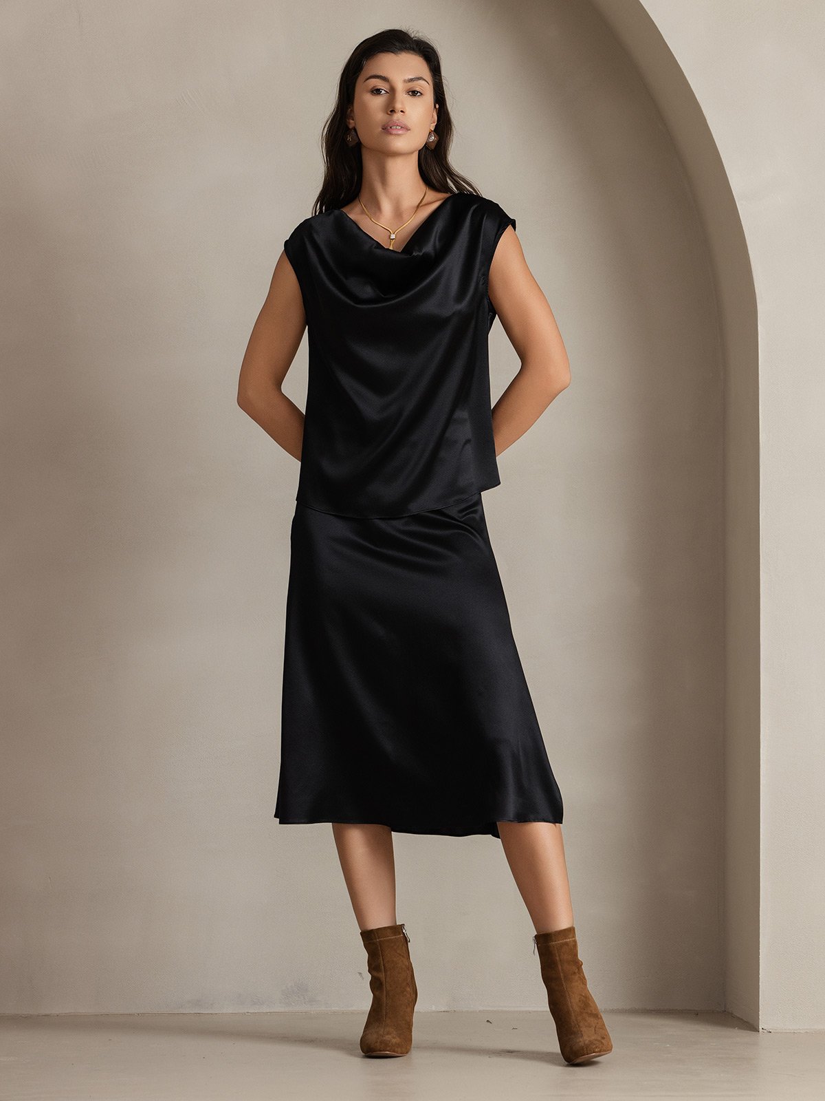 19Momme Silk Cap Sleeve Cowl Neck Tank Top/Blouse