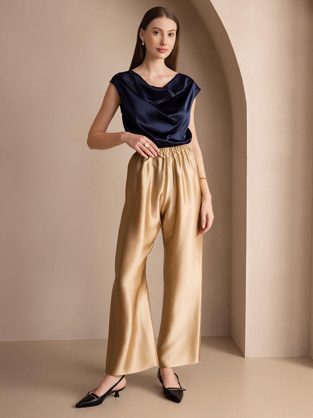 19Momme Silk Cap Sleeve Cowl Neck Tank Top/Blouse