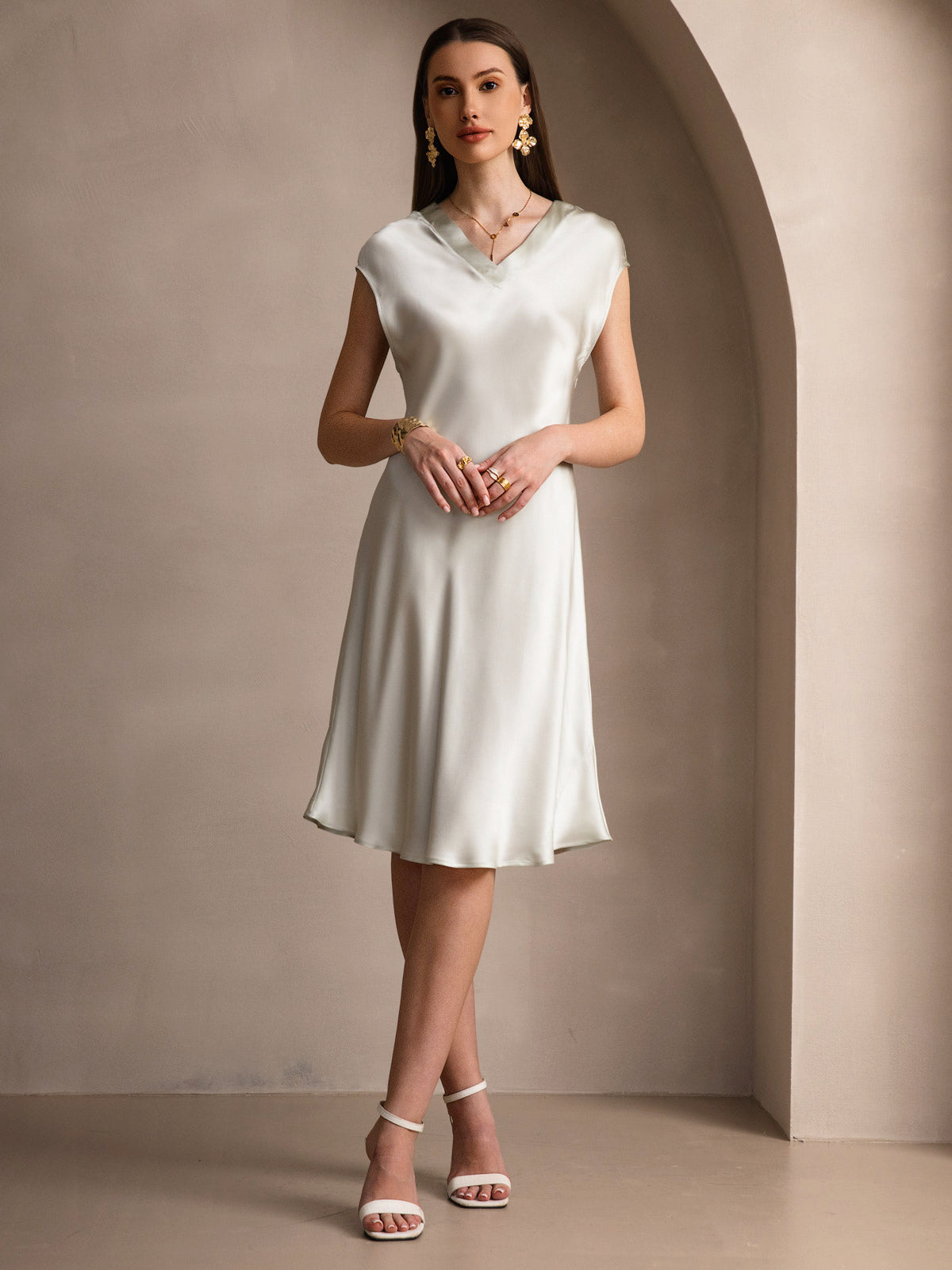 Pure Silk Cap Sleeve V-neck Knee Nightgown
