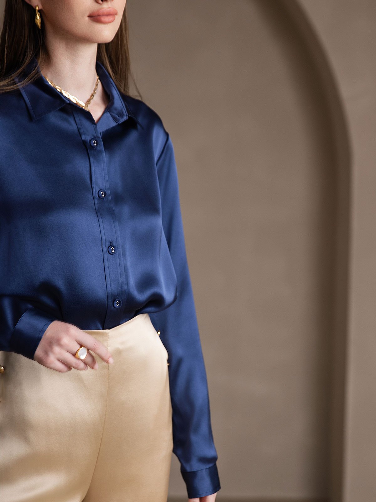 19Momme Silk Long Sleeve Lapel Collar Women's Shirt