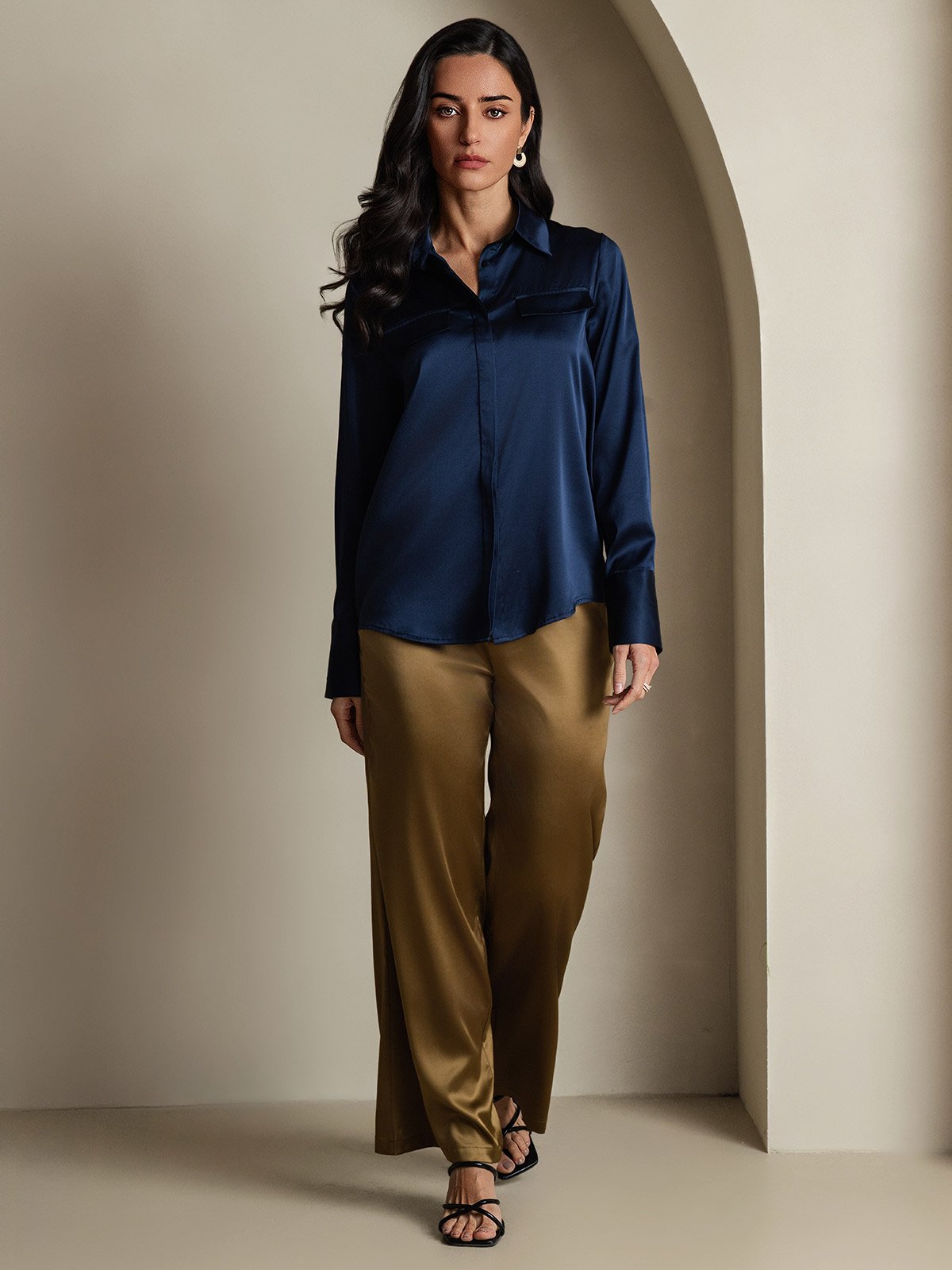 Women's 19Momme Silk Long Sleeve Lapel Collar Military Shirt