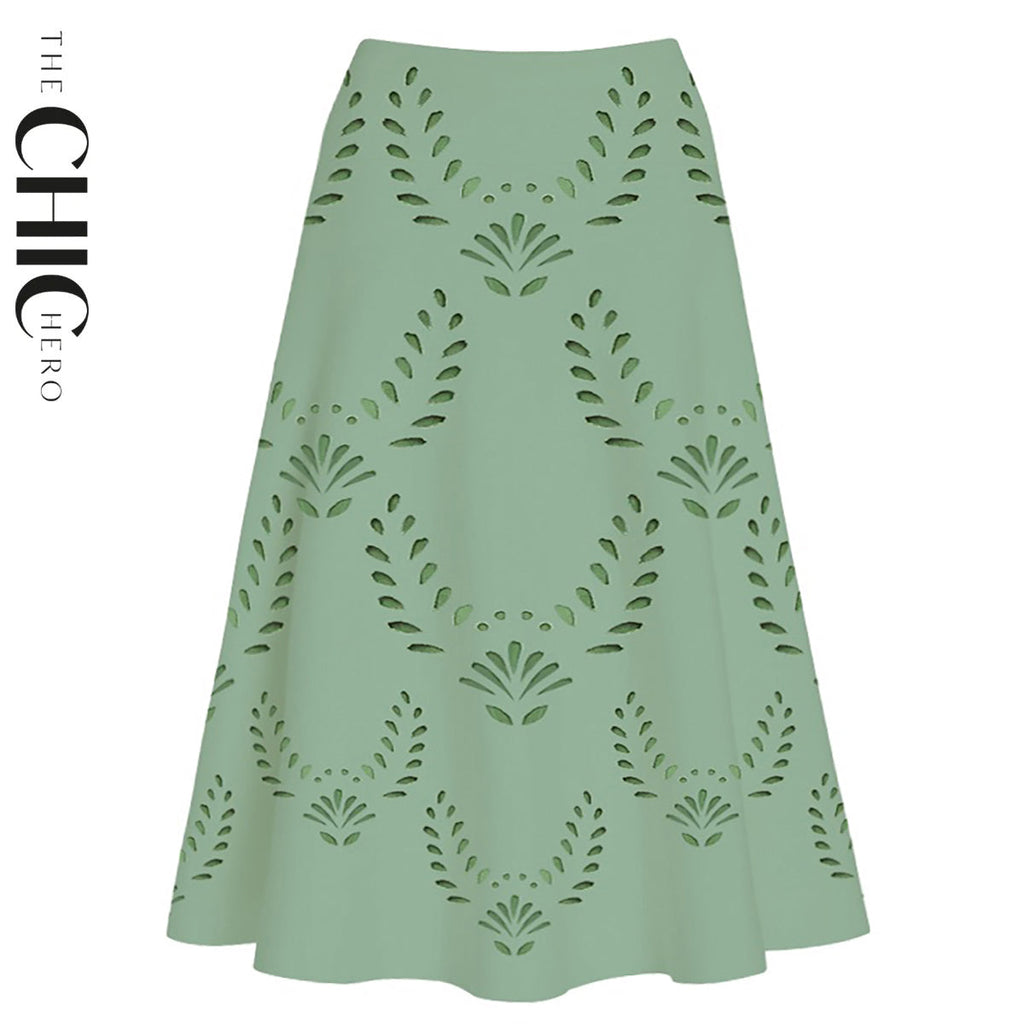 Mint Green Petal Print Hollow V Neck One-Piece Swimsuit&Skirt