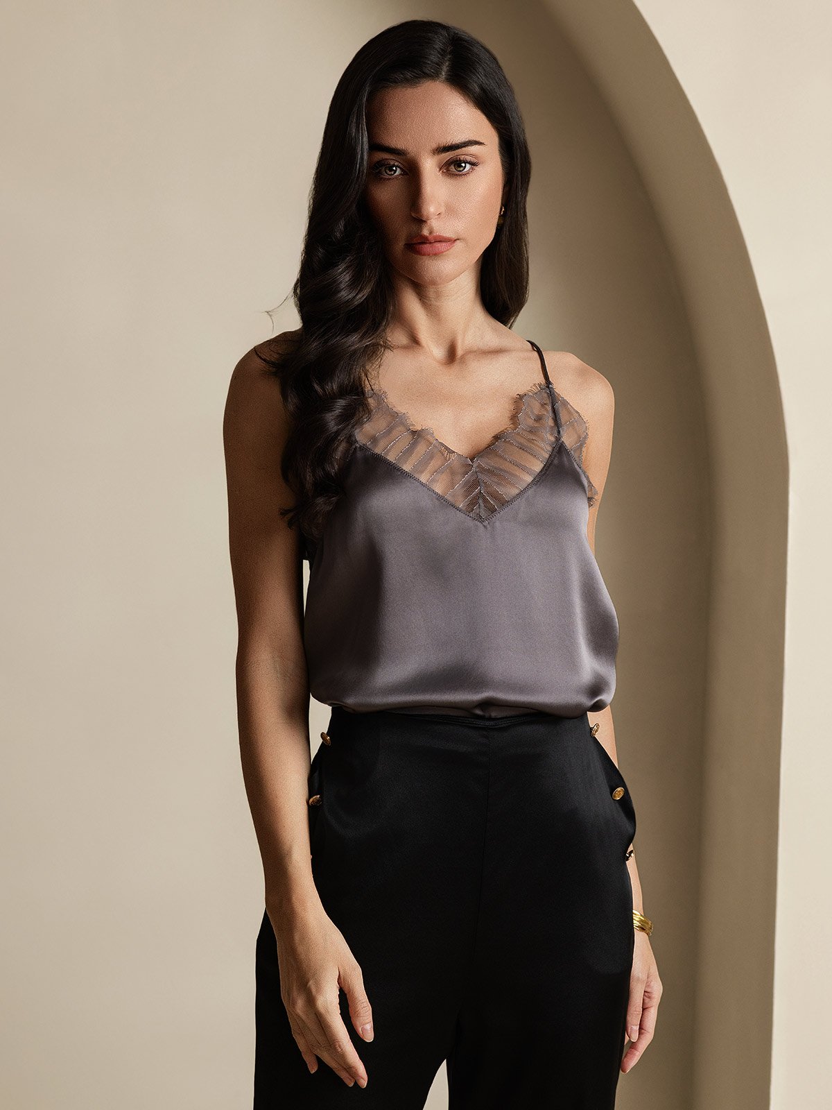 Silk Spaghetti Strap Lace-Trimmed Camisole Top