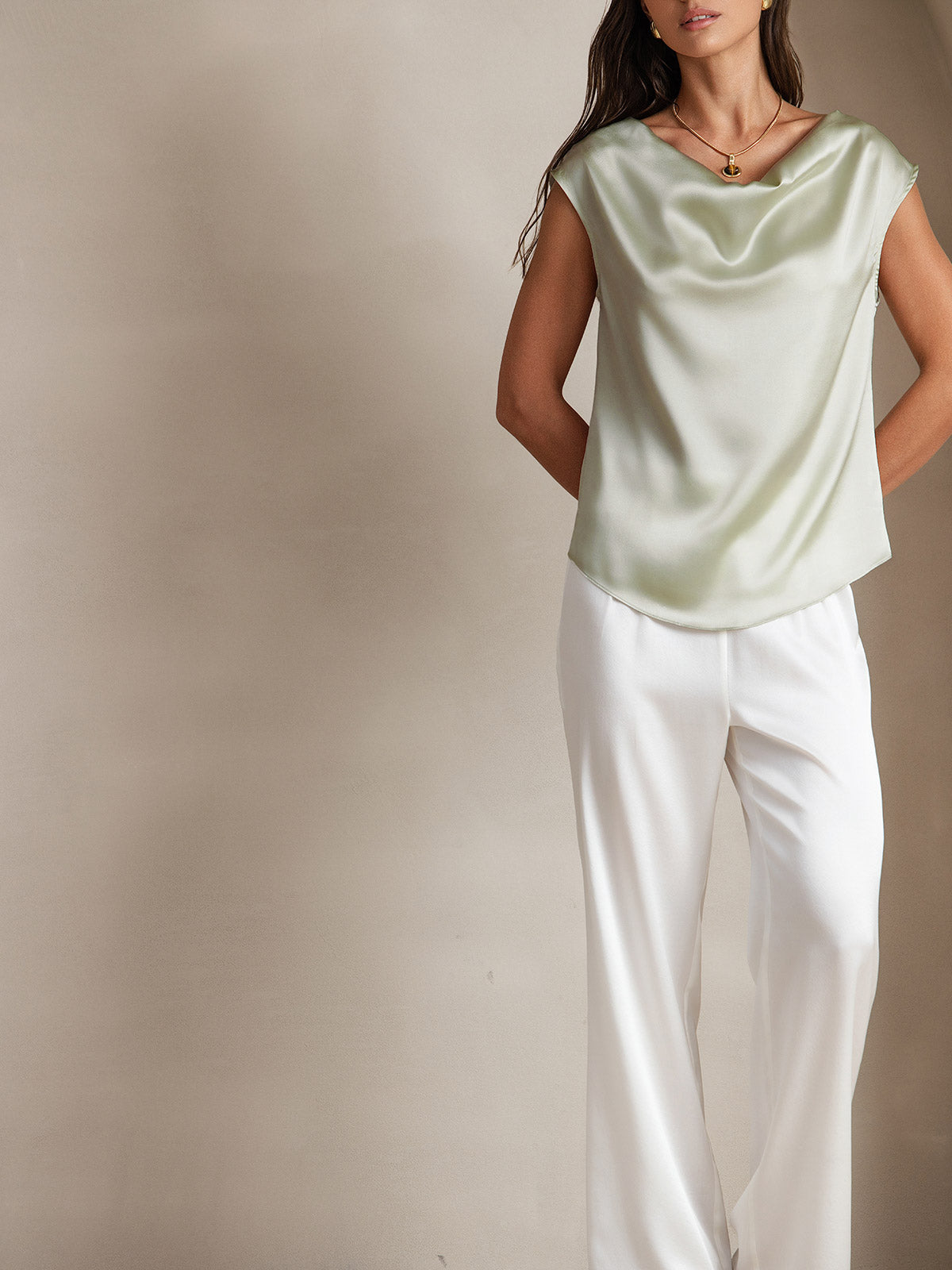 19Momme Silk Cowl Neck Cap Sleeve Blouse