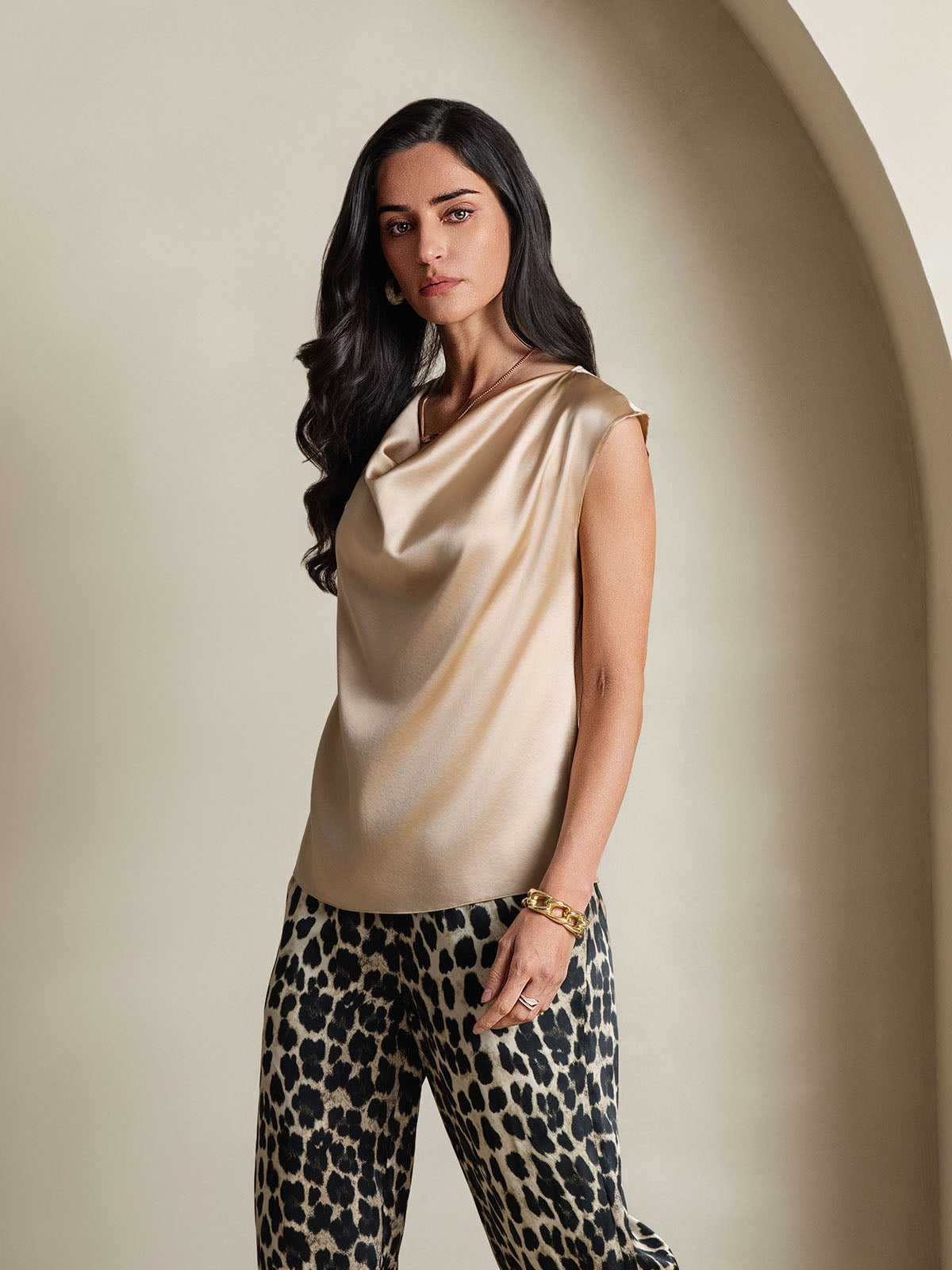 19Momme Silk Cowl Neck Cap Sleeve Blouse