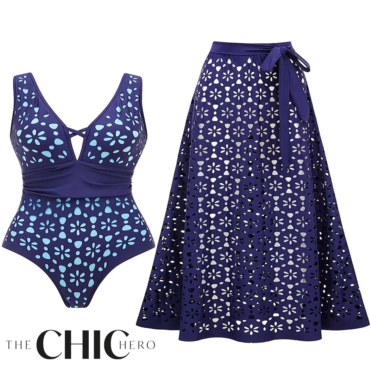 Navy Blue Petal Print Hollow One-Piece V Neck Swimsuit&Skirt