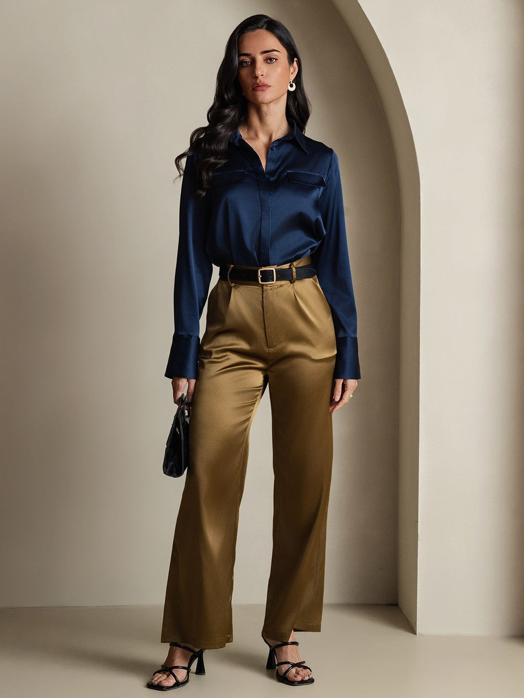 Women's 19Momme Silk Long Sleeve Lapel Collar Military Shirt