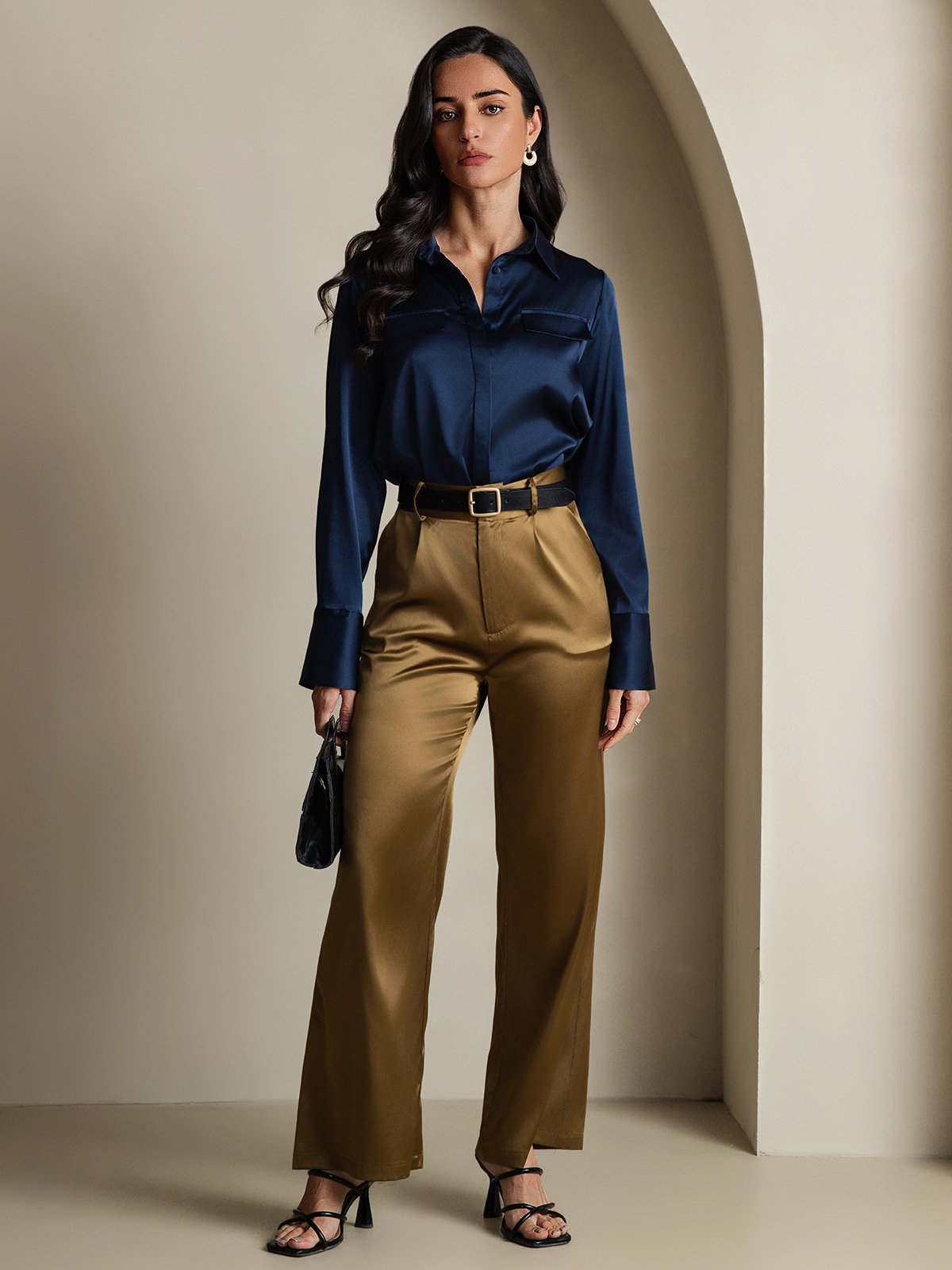 Women's 19Momme Silk Long Sleeve Lapel Collar Military Shirt