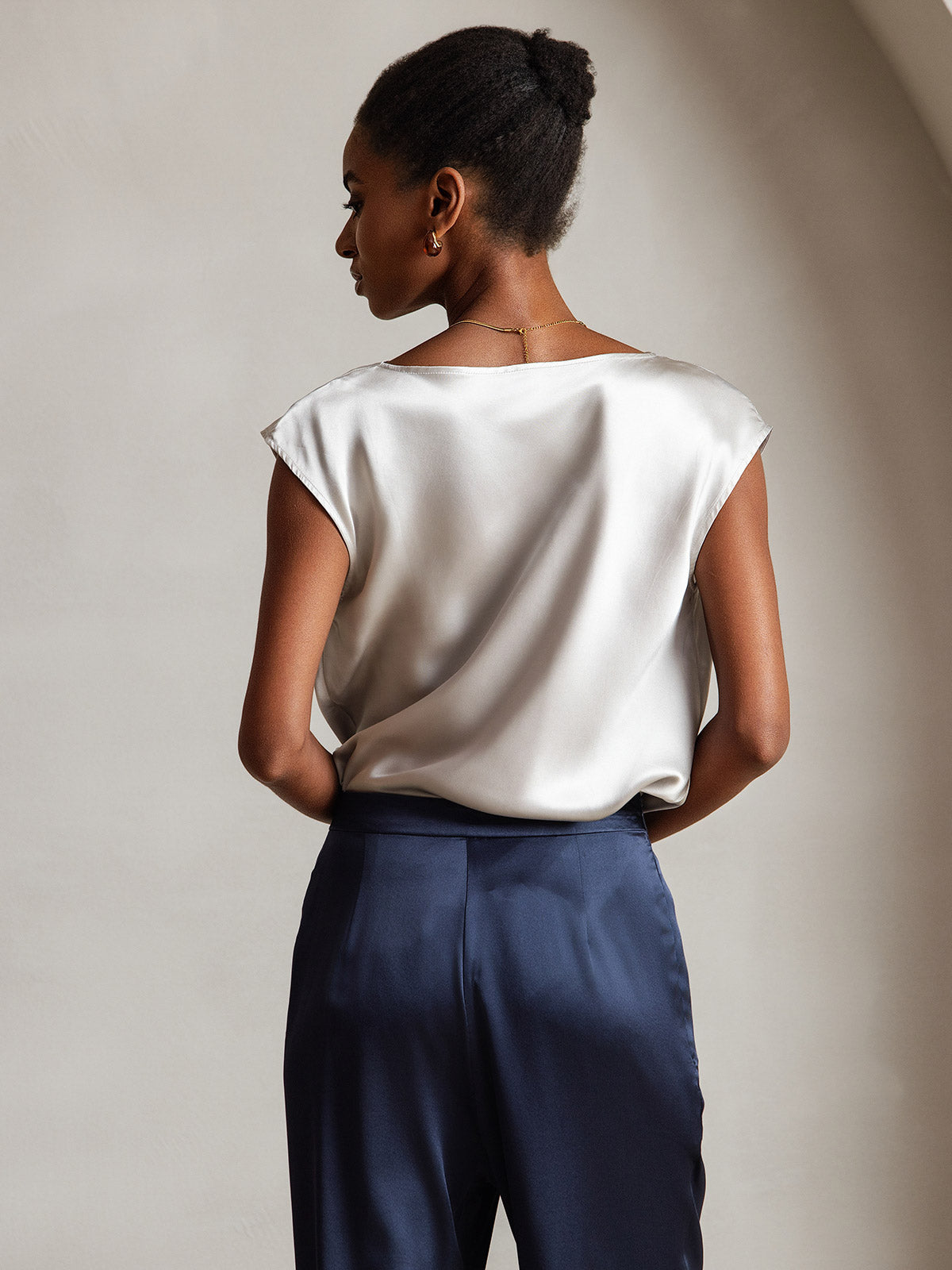 19Momme Silk Cowl Neck Cap Sleeve Blouse