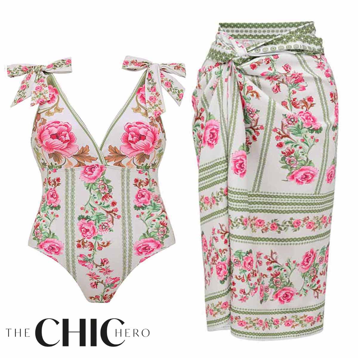 Vintage Rose Garden V Neck Lace Up Floral Swimsuit&Skirt
