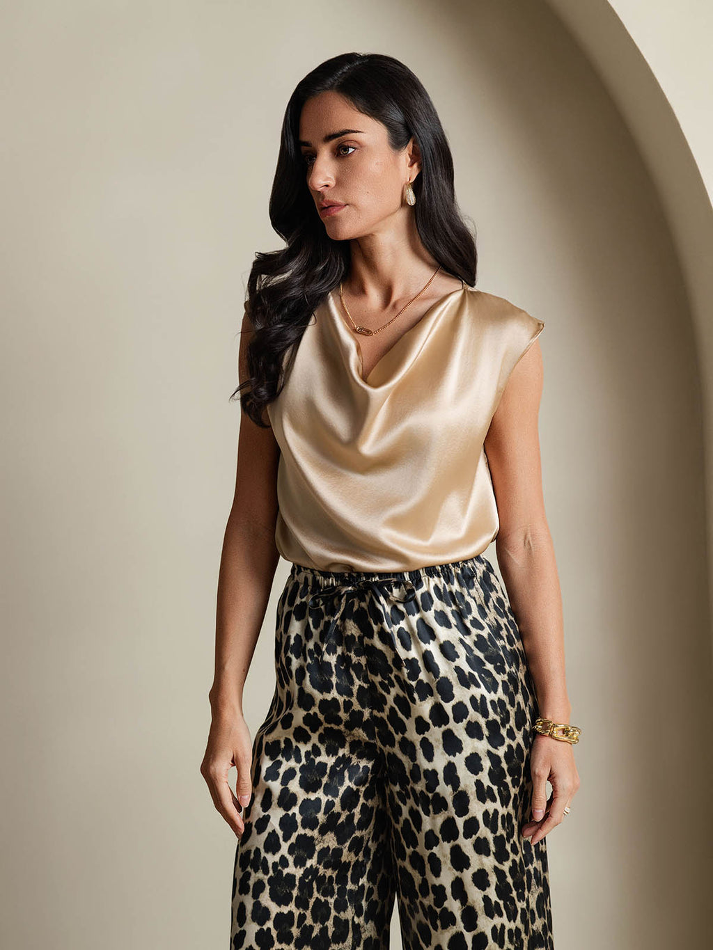 19Momme Silk Cowl Neck Cap Sleeve Blouse