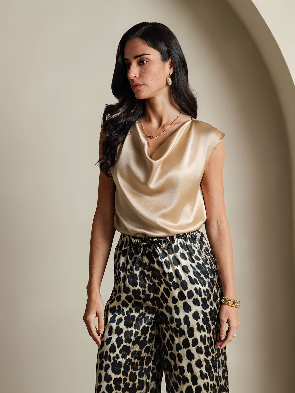 19Momme Silk Cowl Neck Cap Sleeve Blouse