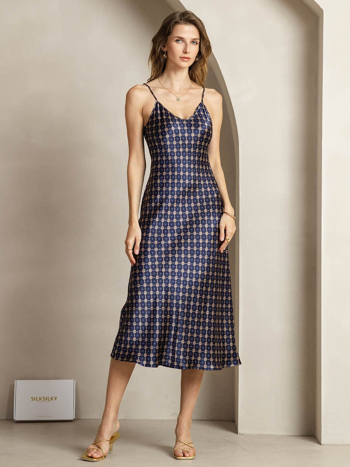 19Momme Silk V Neck Adjustable Strap Midi Dress