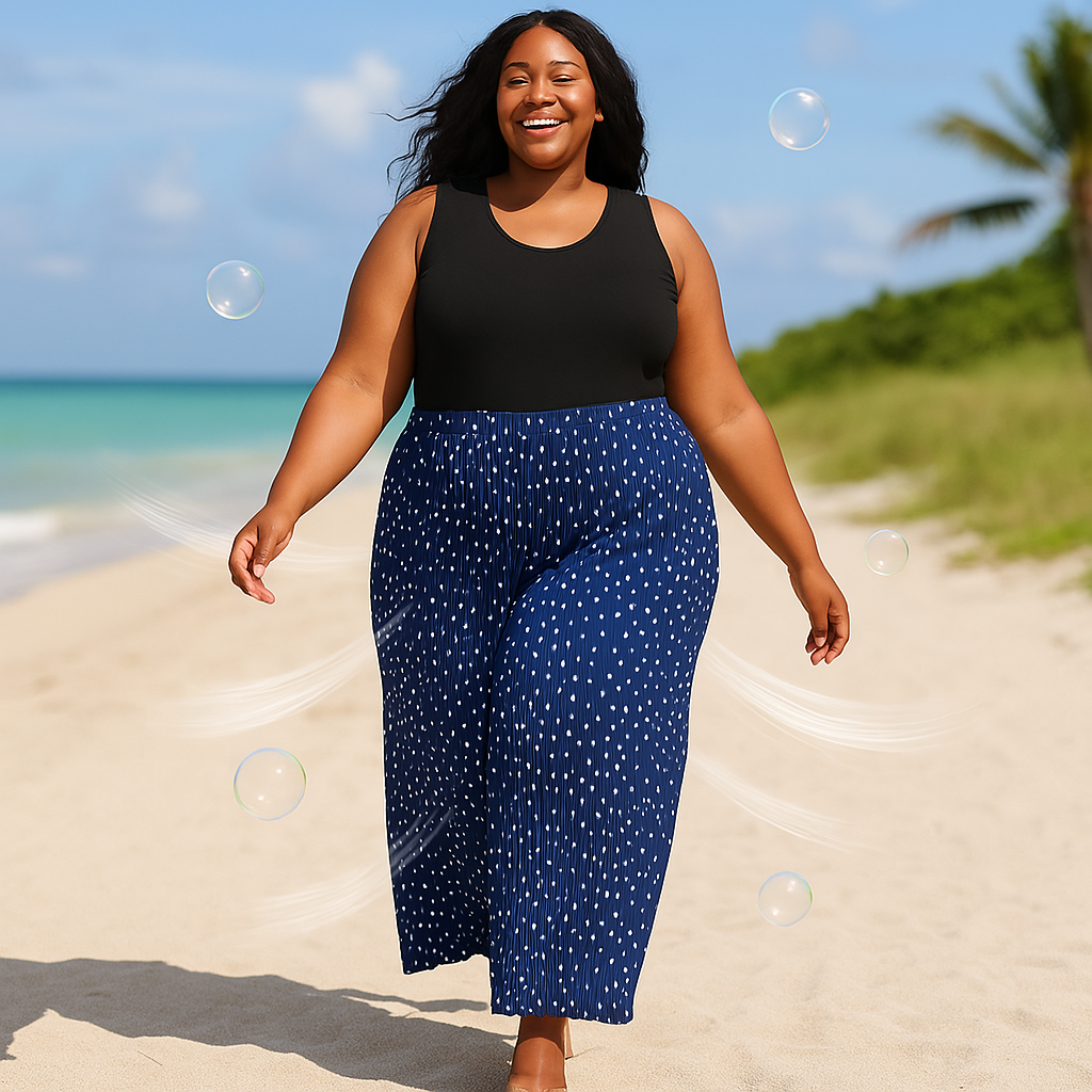 Blue Polka Dot Abstract Print Wide-Leg Drawstring Palazzo Pleated Pants