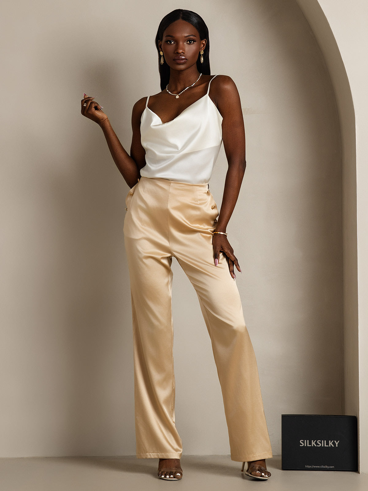 19Momme Silk Spaghetti Strap Cowl Neck Camisole Top