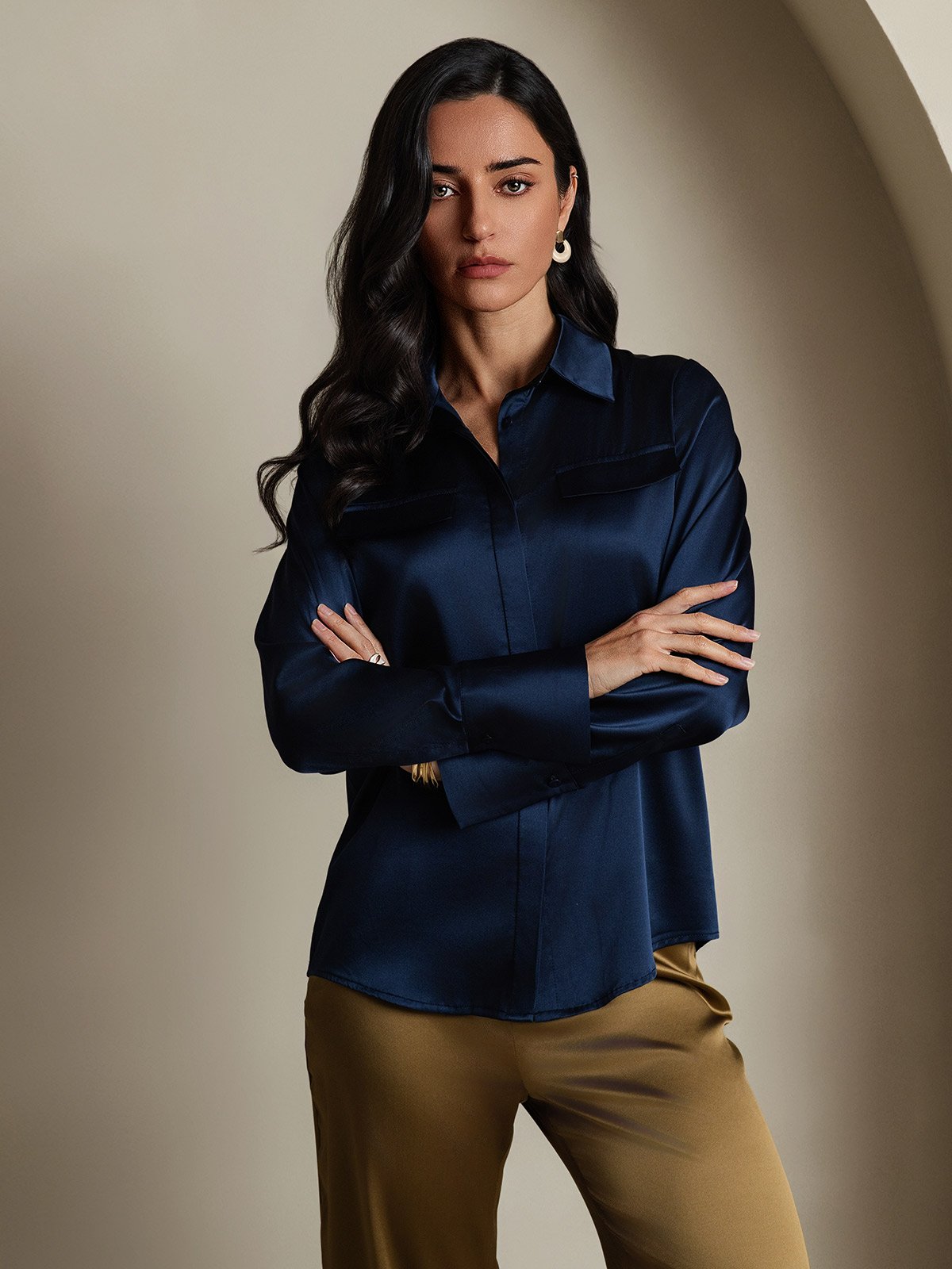 Women's 19Momme Silk Long Sleeve Lapel Collar Military Shirt