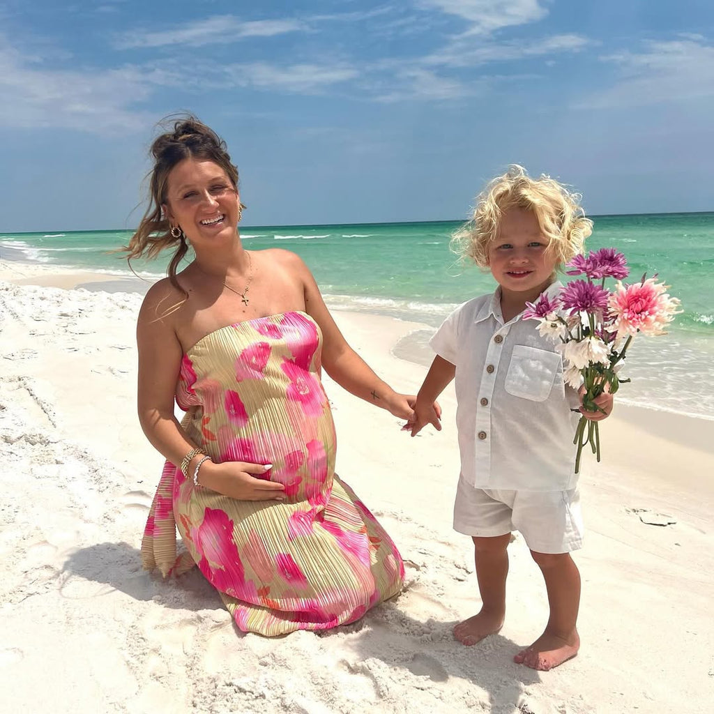 Floral Print Pleated Tie Back Strapless Maxi Dress