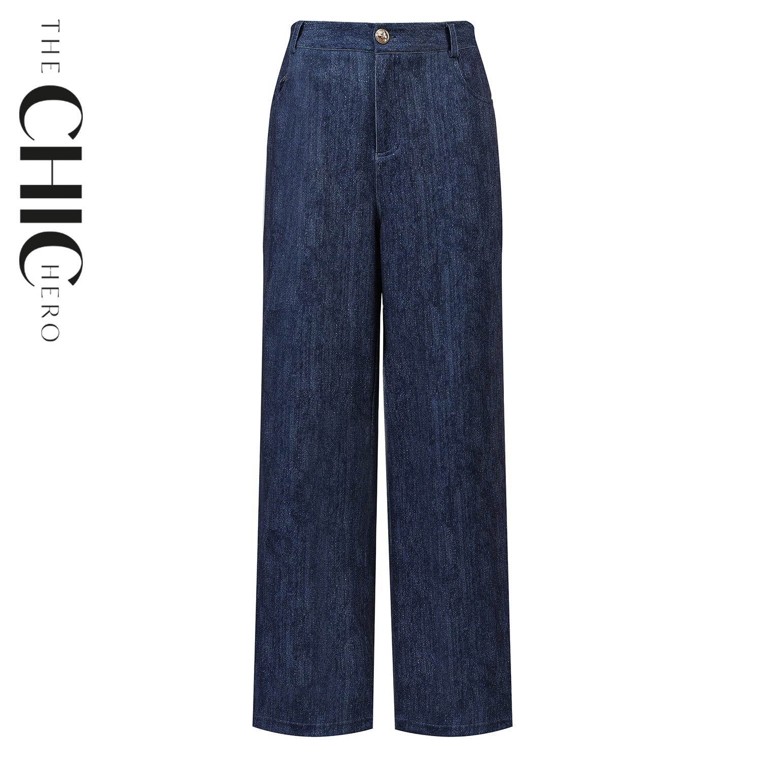 Dark Blue High-Waisted Light Wash Wide-Leg Denim Pants