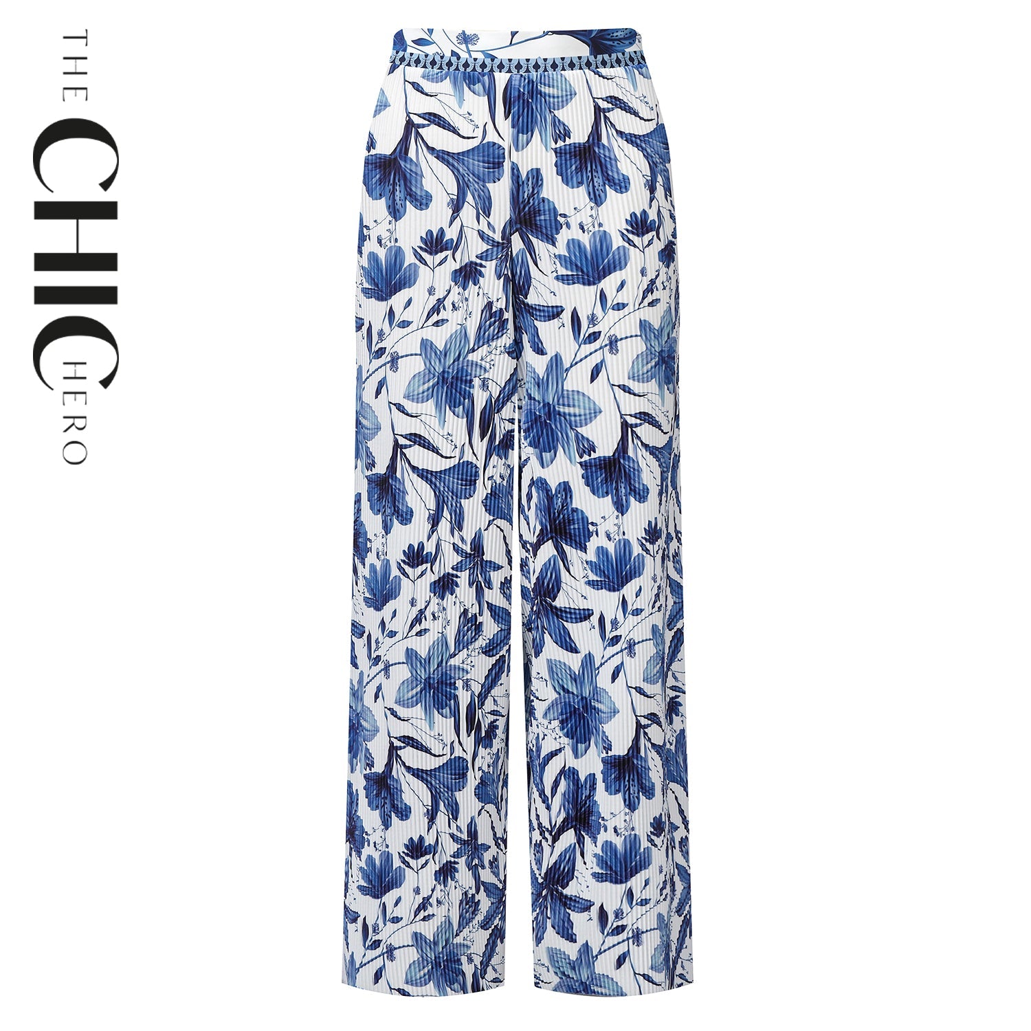 Boho Breeze Blue Floral Wide-Leg Trousers Palazzo Pants