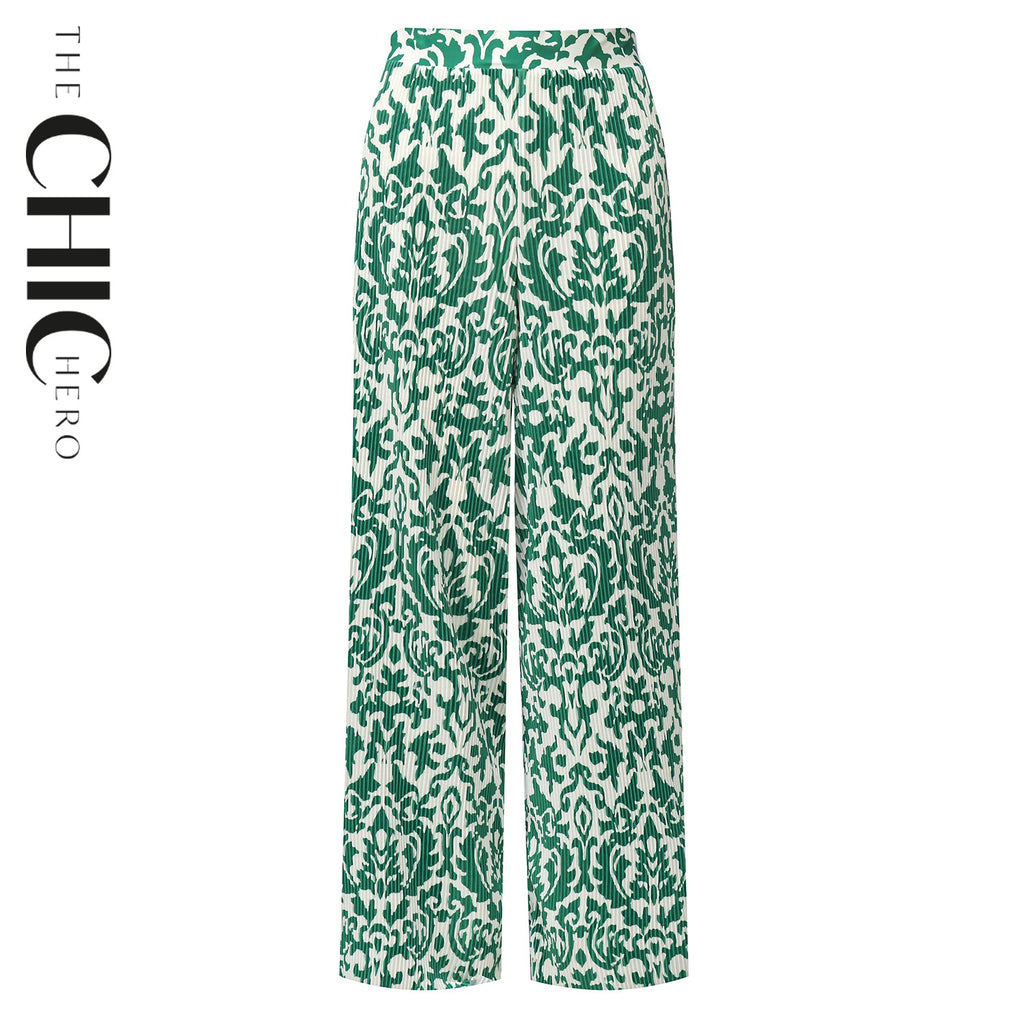 Green Boho Breeze Floral Palazzo Pants Wide-Leg Trousers