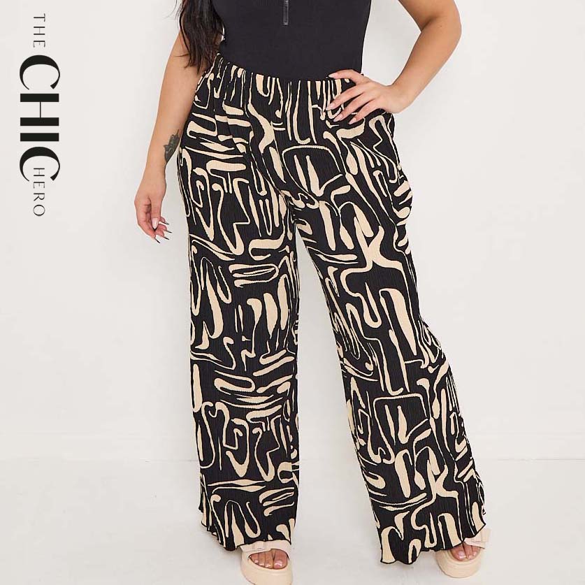 Black & Beige Statement Abstract Print Wide-Leg Drawstring Palazzo Pleated Pants