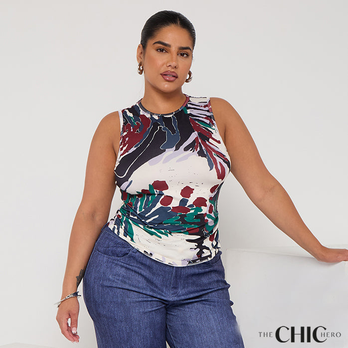 Classic Abstract Flowers Sleeveless Crew Neck Top