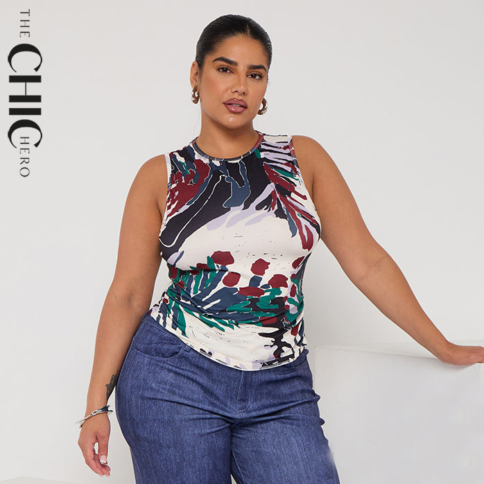 Classic Abstract Flowers Sleeveless Crew Neck Top