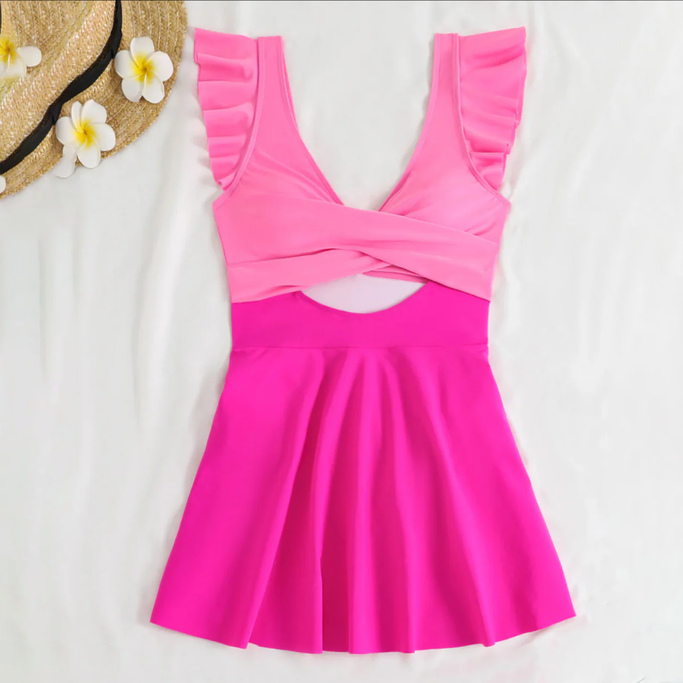 Plus Size Cutout Two-Tone Ruffle Swimsuit
