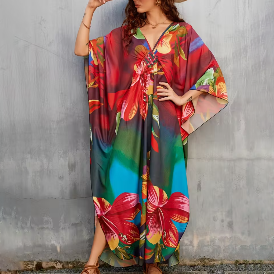 Bohemian Flower Prints Maxi Kaftan Dress(Shipping on September 1st）