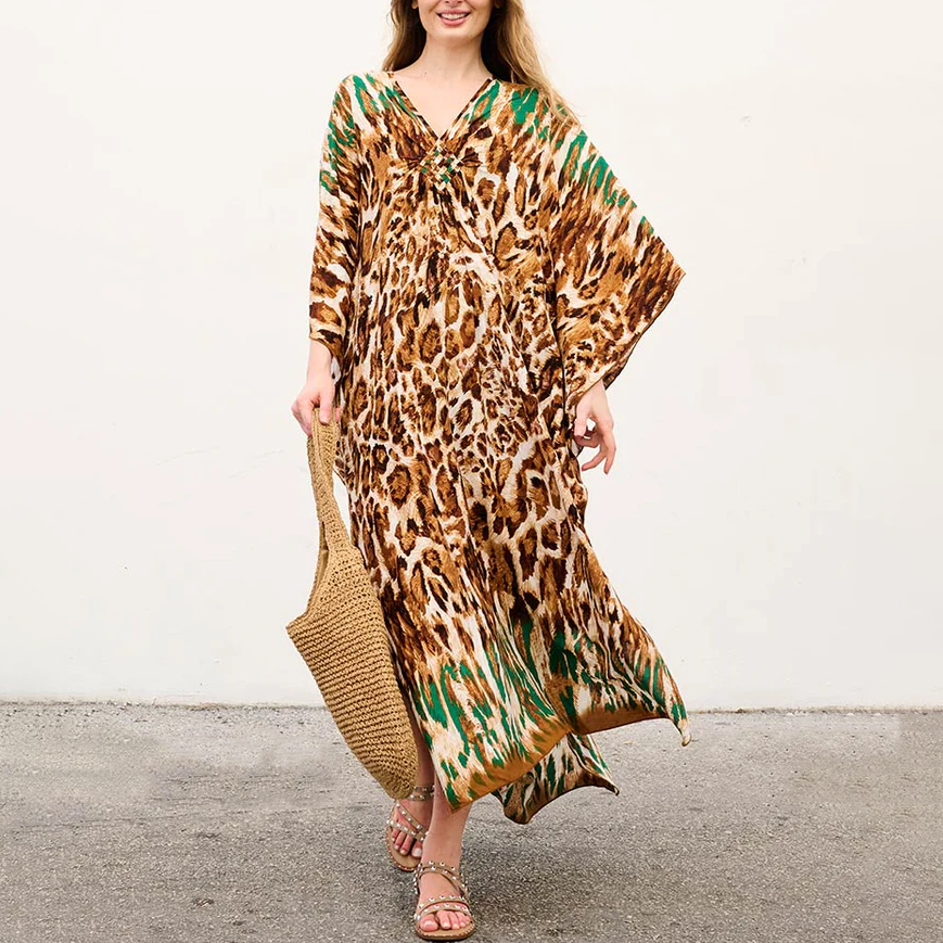 Plus Size V-Neck Batwing Sleeves Floral Print Caftan Kaftan Dress(Shipping on September 1st）